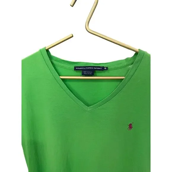 Ralph Lauren Sport Bright Green V‑Neck Tee Chest Logo Cotton XL EUC - Picture 3 of 5